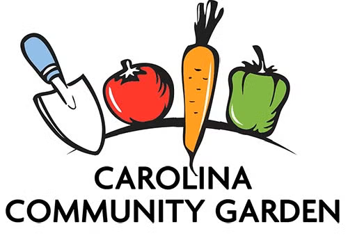 Carolina Community Garden logo featuring a trowel, tomato, carrot and green pepper